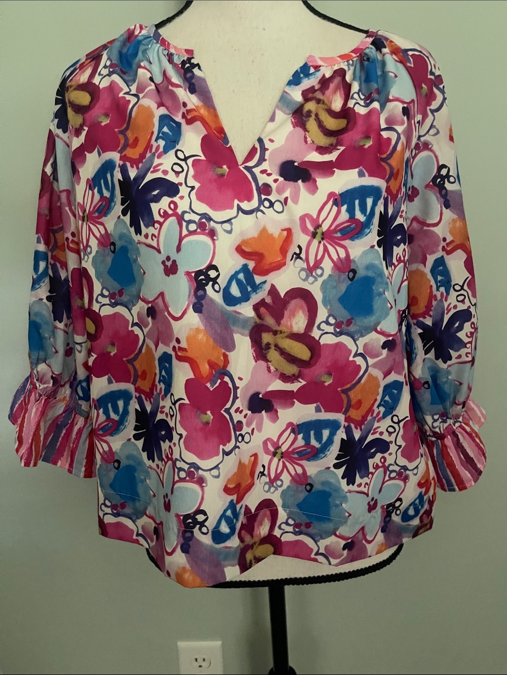 Joy Joy Garden Floral V-Neck Blouse - Pink, Blue, Orange